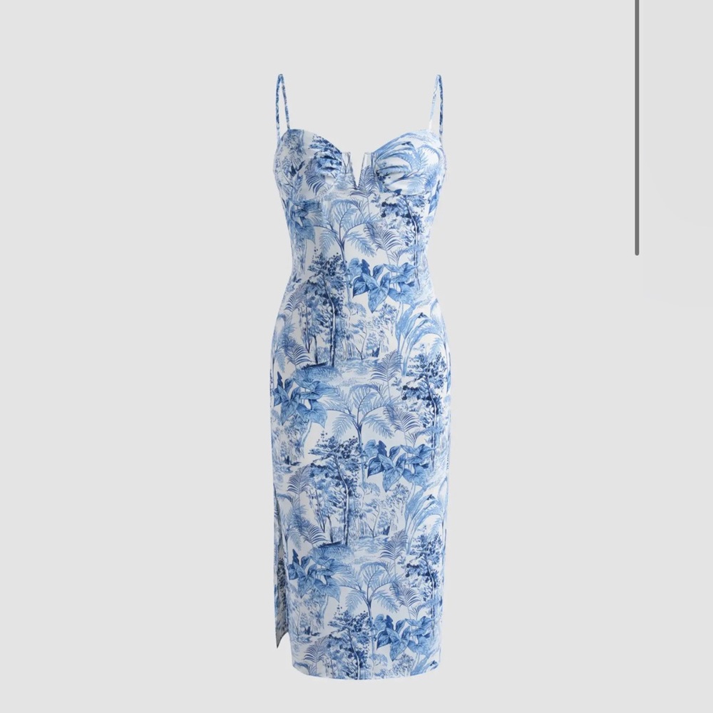 Cider White and Blue Floral Toile Midi Dress